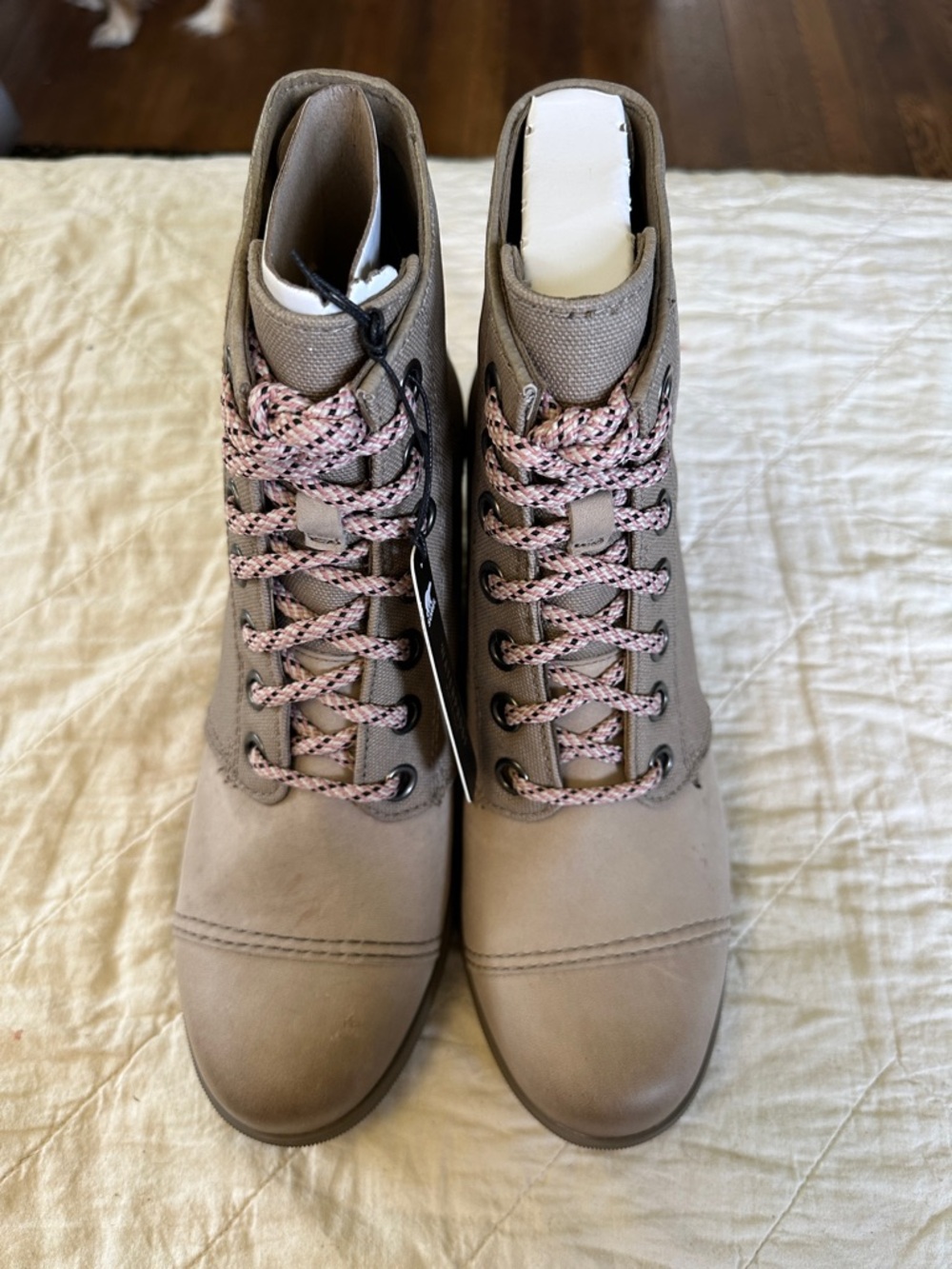 Sorel Taupe Lace-Up Ankle Boots with Pink Accent Laces